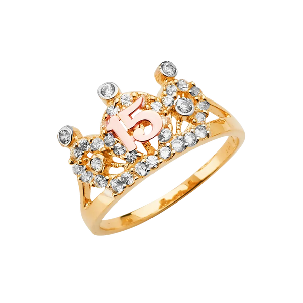 Quince Anos Crown with CZ Ring - 14k Tri Color Gold