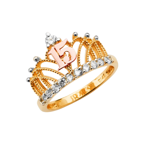 Quince Anos Crown with CZ Ring - 14k Tri Color Gold