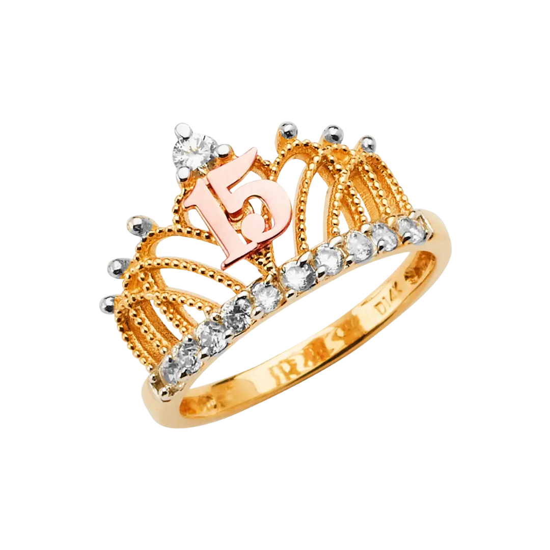 Quince Anos Crown with CZ Ring - 14k Tri Color Gold