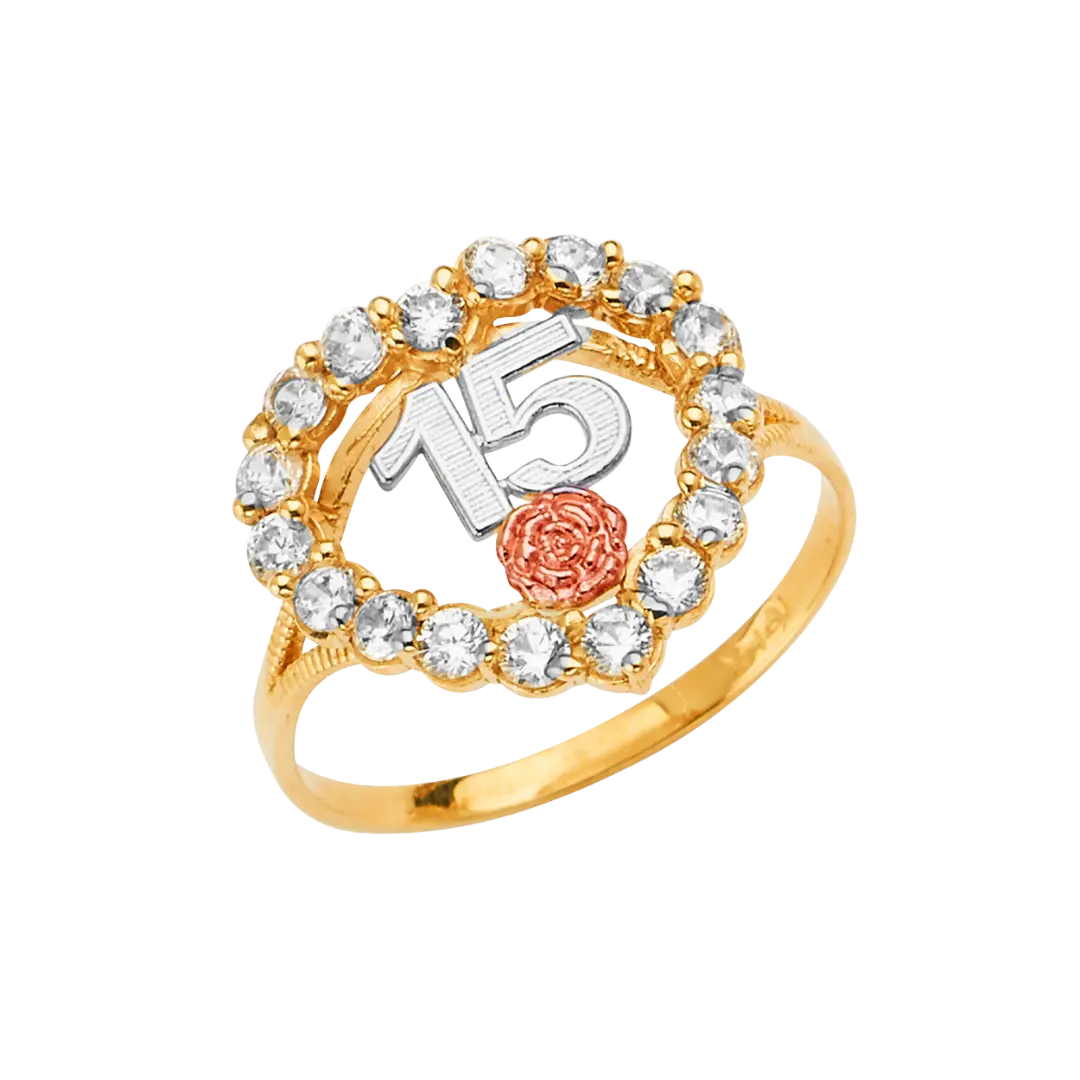 Quince Anos Heart with CZ Ring - 14k Tri Color Gold