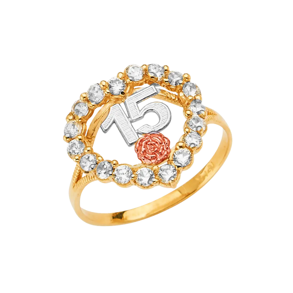 Quince Anos Heart with CZ Ring - 14k Tri Color Gold