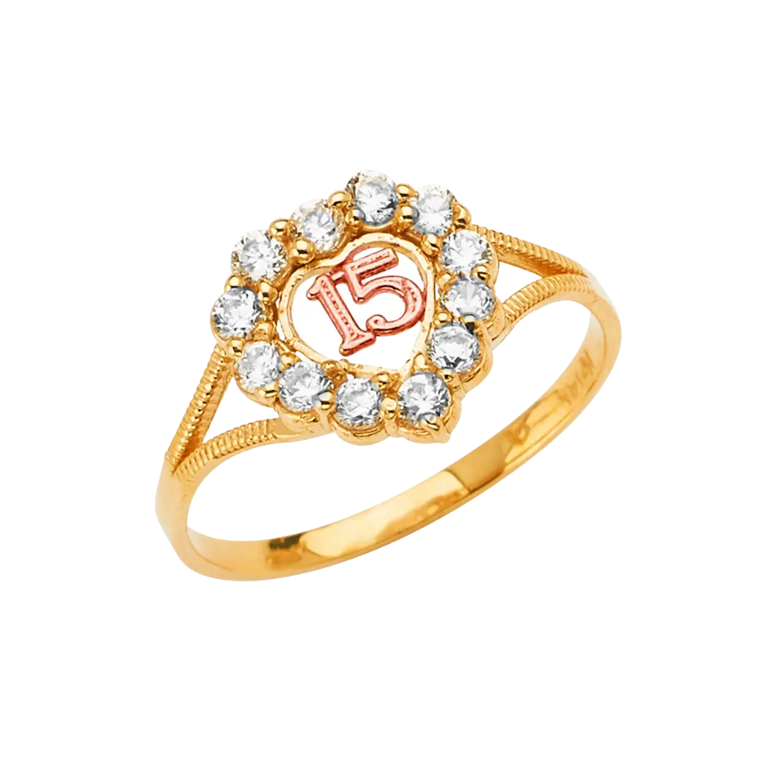 Quince Anos Heart with CZ Ring - 14k Tri Color Gold