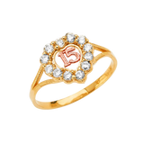 Quince Anos Heart with CZ Ring - 14k Tri Color Gold