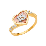 Quince Anos Heart with CZ Ring - 14k Tri Color Gold