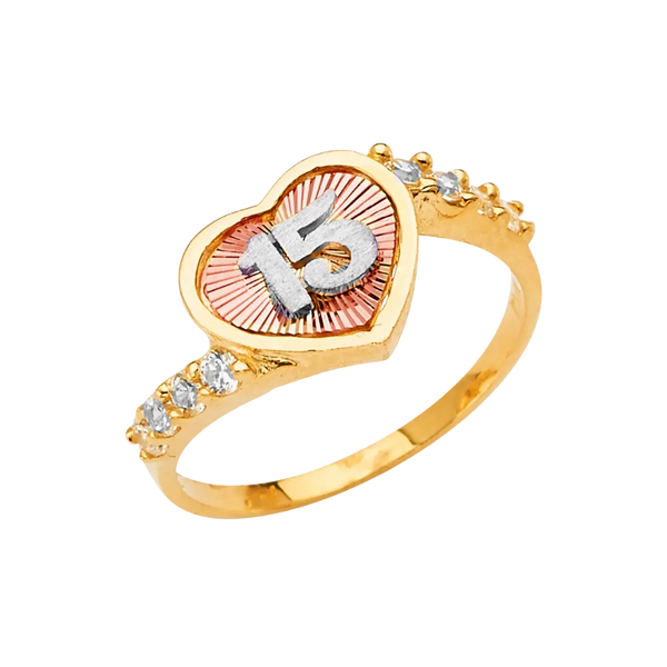 Quince Anos Heart with CZ Ring - 14k Tri Color Gold