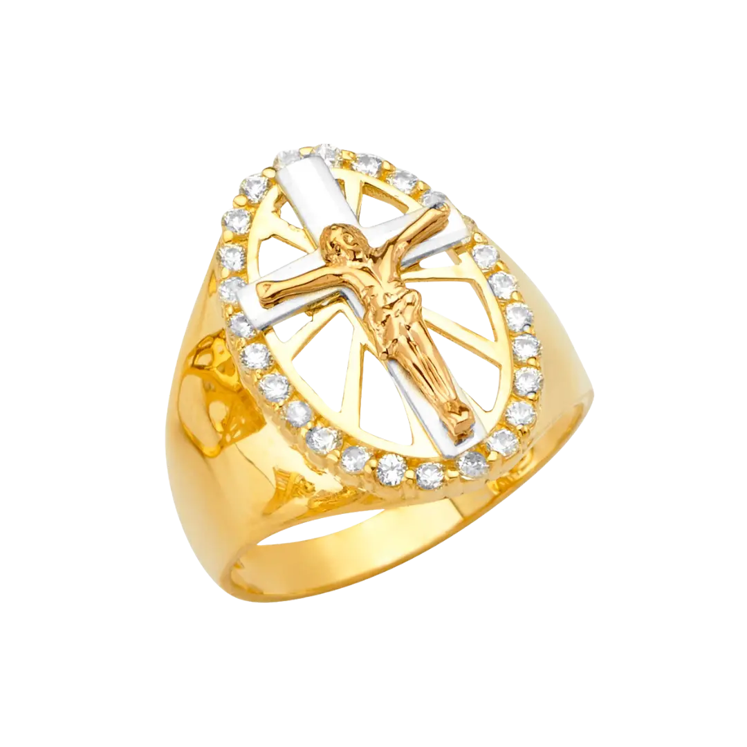 Jesus Cross Men's CZ Ring - 14k Tri Color Gold