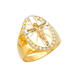 Jesus Cross Men's CZ Ring - 14k Tri Color Gold