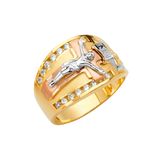 Jesus Cross Men's CZ Ring - 14k Tri Color Gold