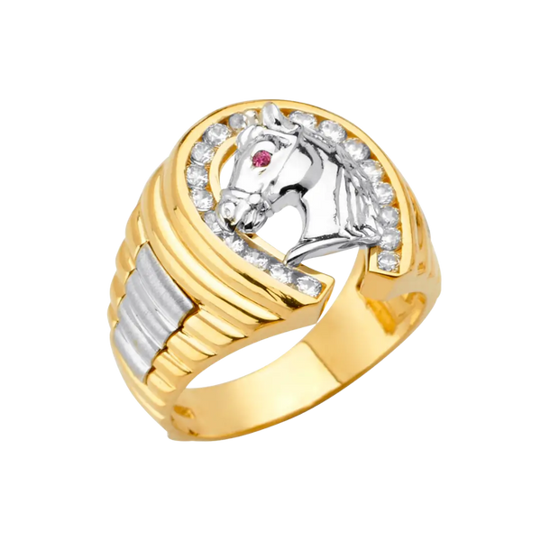 Horse Shoe with CZ Men's Ring - 14k Two Tone Gold