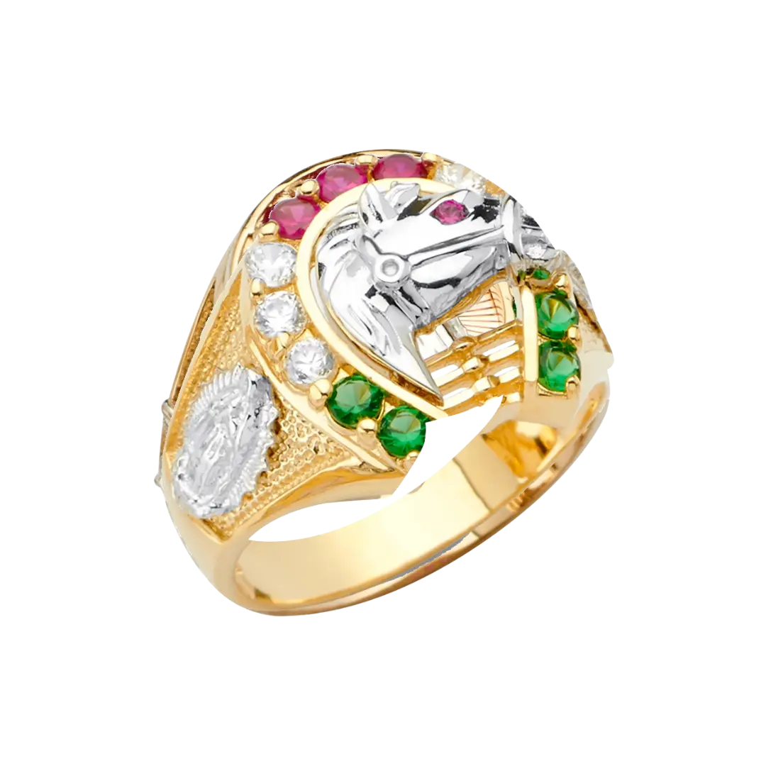 Horse Shoe with CZ Men's Ring - 14k Two Tone Gold