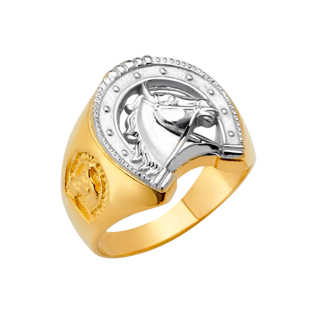 Horse Shoe with CZ Men's Ring - 14k Two Tone Gold