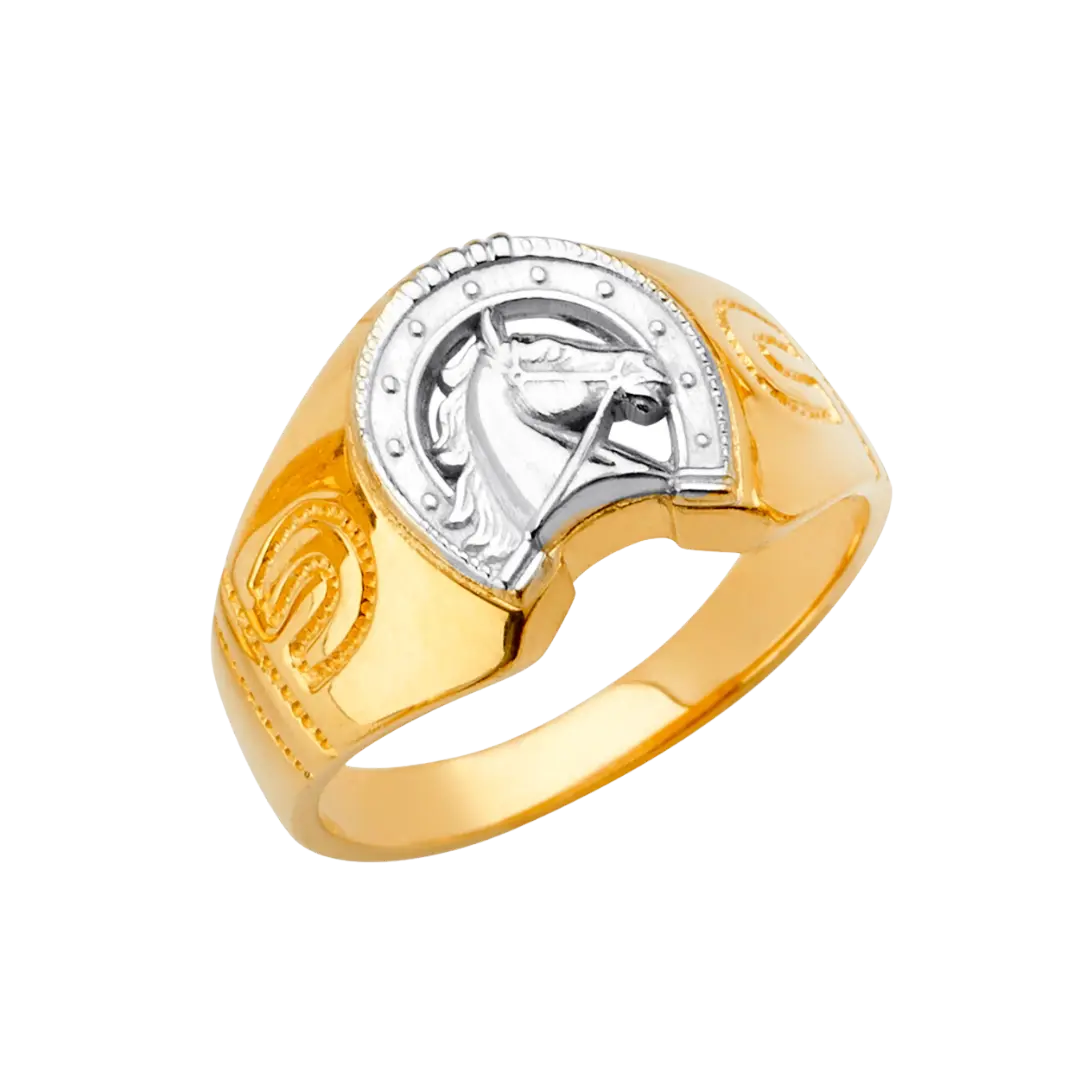 Horse Shoe Men's Ring - 14k Two Tone Gold