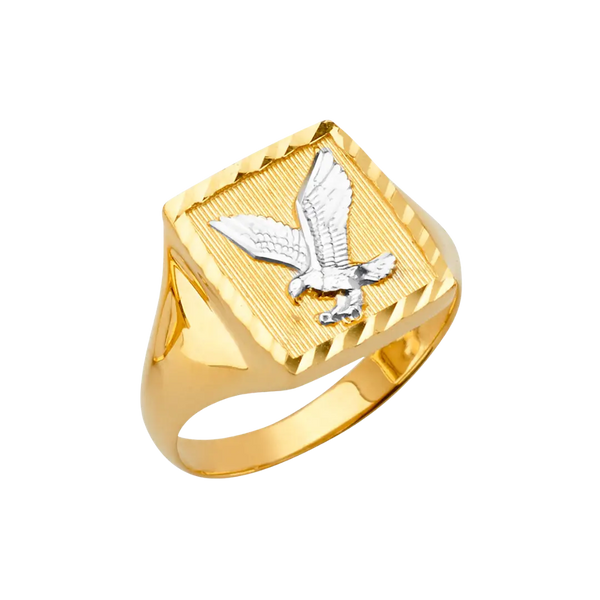 Square Men's Ring with Eagle - 14k Two Tone Gold