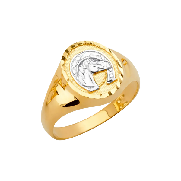 Round Men's Ring with Horse Shoe - 14k Two Tone Gold