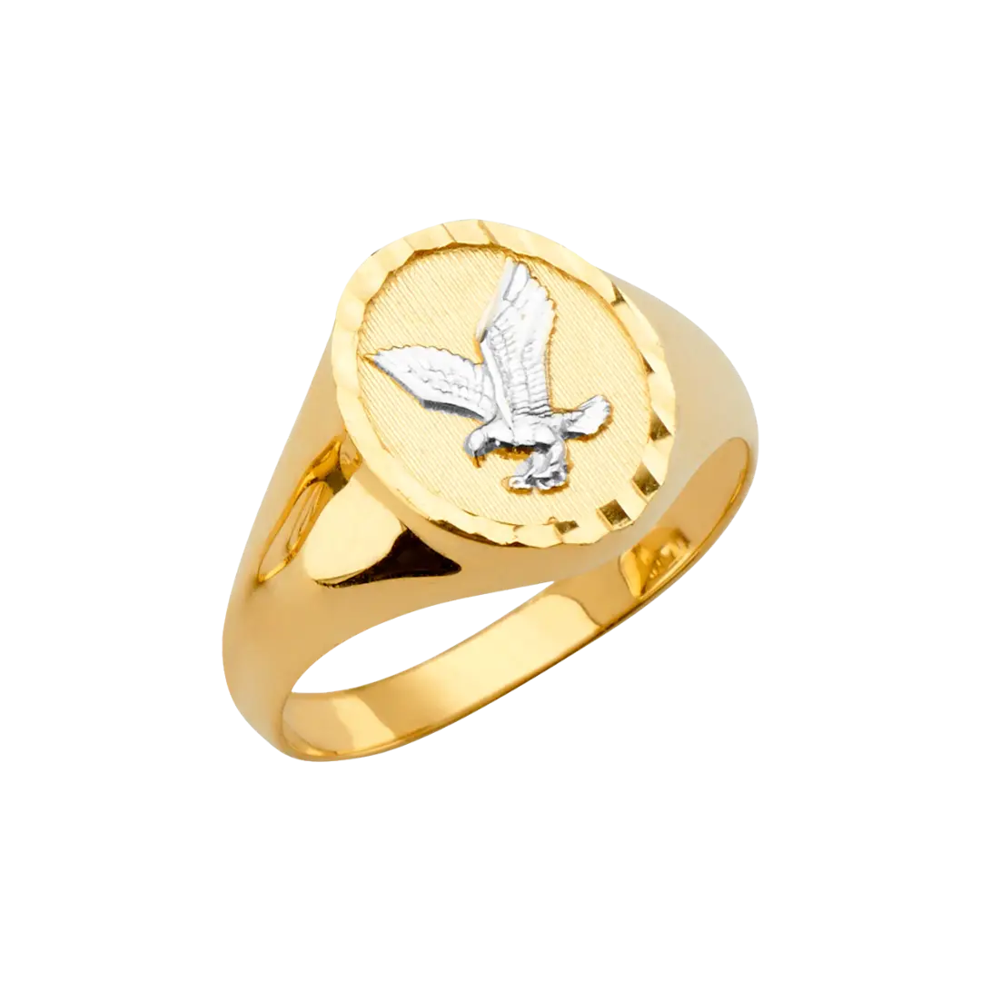 Round Men's Ring with Eagle - 14k Two Tone Gold