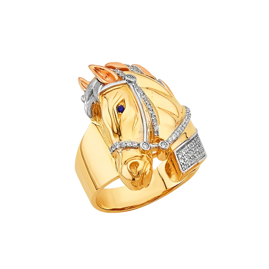 Horse Head Men's Ring - 14k Tri Color Gold