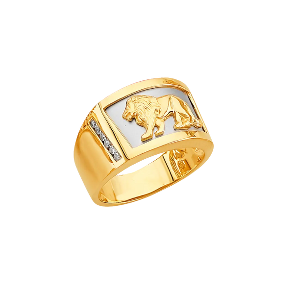 Lion with CZ Men's Ring - 14k Two Tone Gold