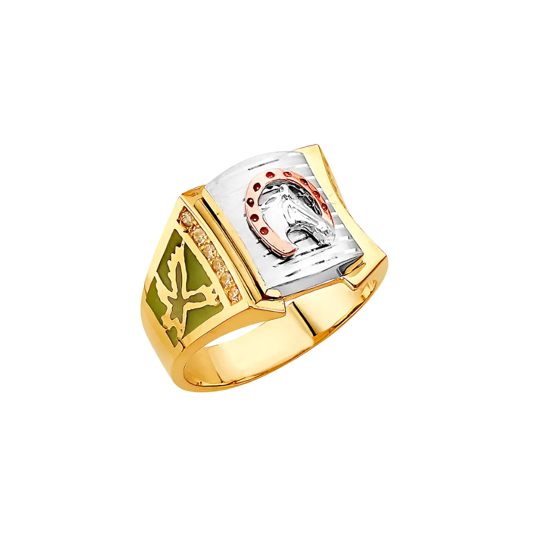 Horse Shoe Men's Ring - 14k Tri Color Gold