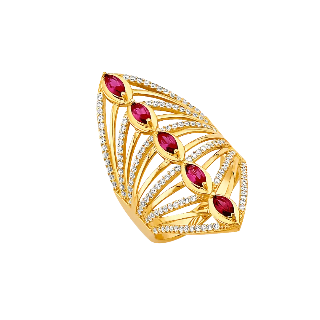 Multi Line Red CZ Ring - 14k Yellow Gold