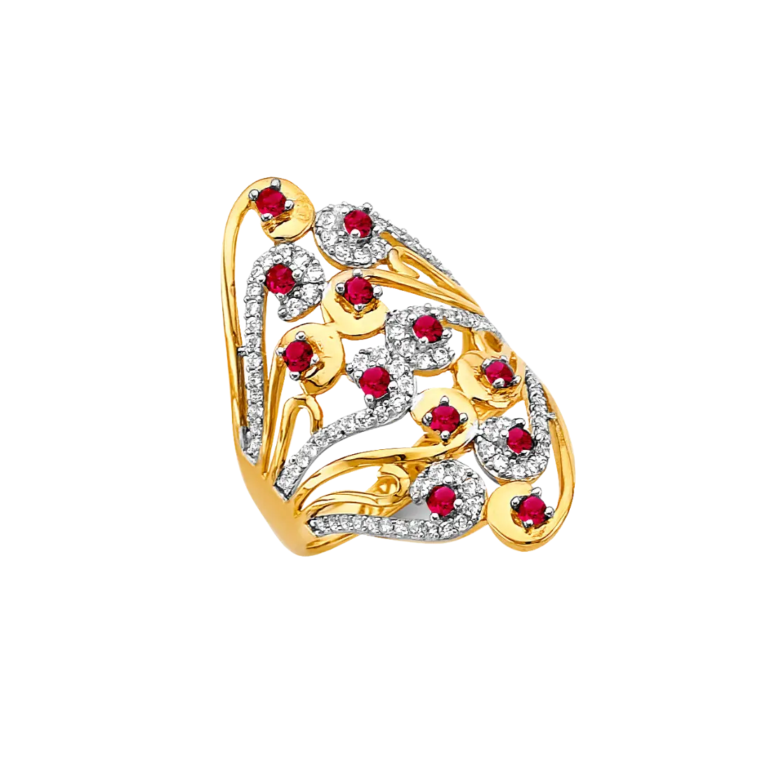 Multi Line Red CZ Ring - 14k Yellow Gold