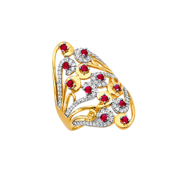 Multi Line Red CZ Ring - 14k Yellow Gold