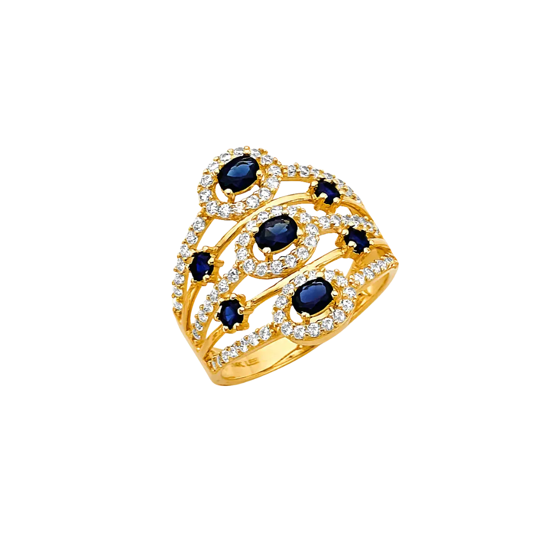 Multi Line Blue CZ Ring - 14k Yellow Gold