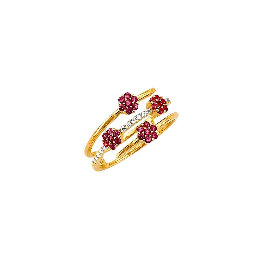 Flower Red CZ Ring - 14k Yellow Gold