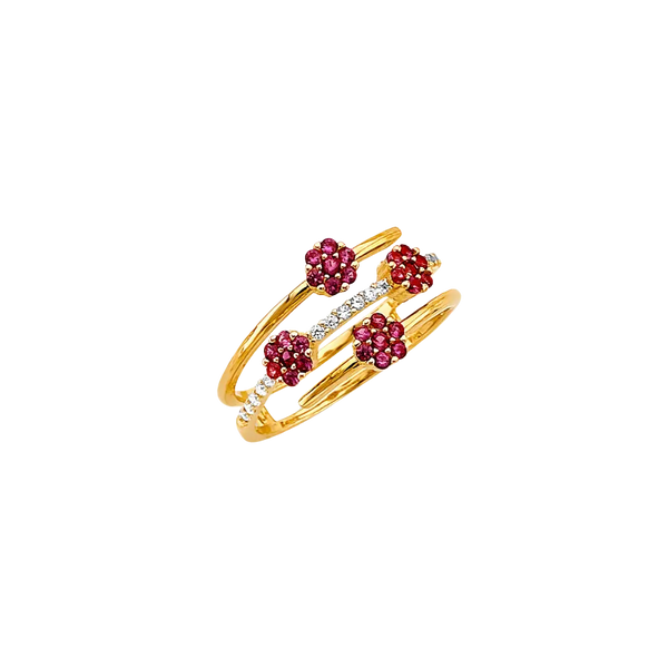 Flower Red CZ Ring - 14k Yellow Gold