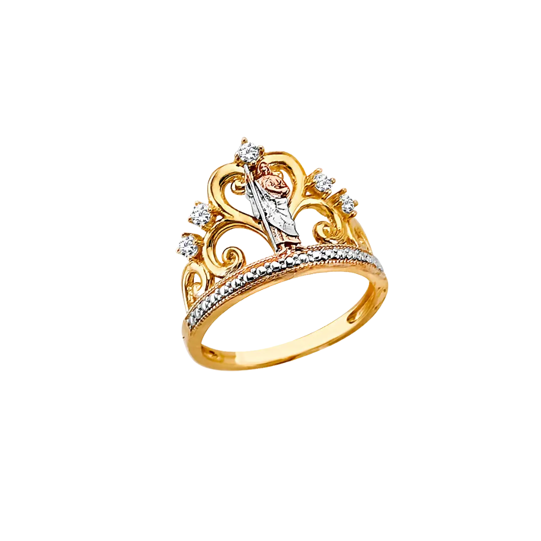 San Judas Crown with CZ Ring - 14k Tri Color Gold