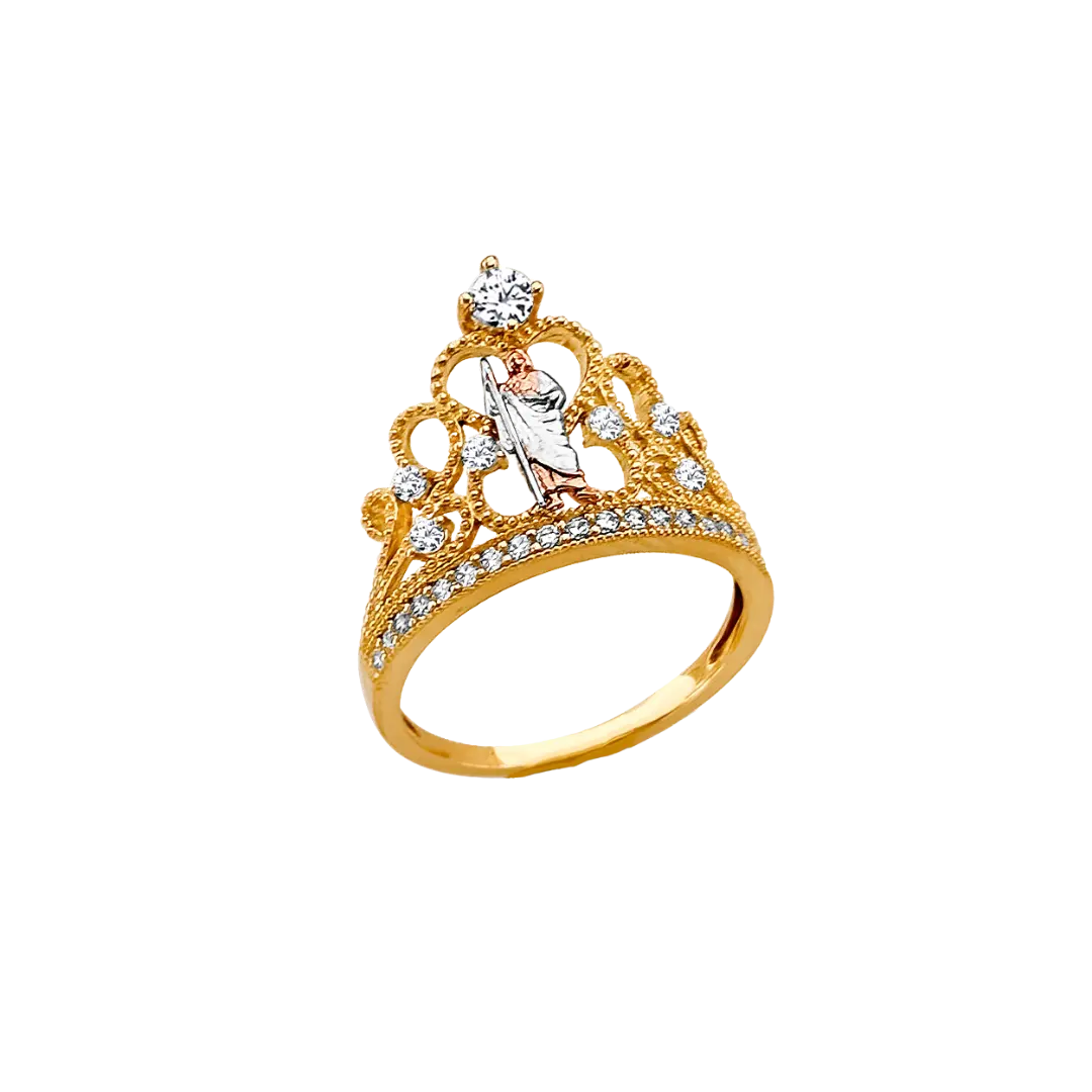 San Judas Crown with CZ Ring - 14k Tri Color Gold