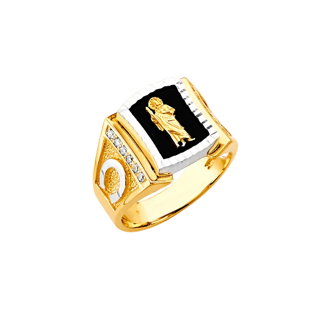 Onyx San Judas with CZ Men's Ring - 14k Two Tone Gold