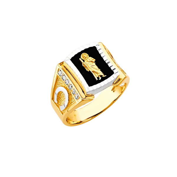 Onyx San Judas with CZ Men's Ring - 14k Two Tone Gold