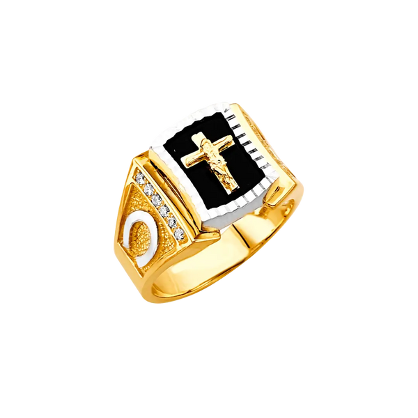 Onyx Cross with CZ Men's Ring - 14k Two Tone Gold