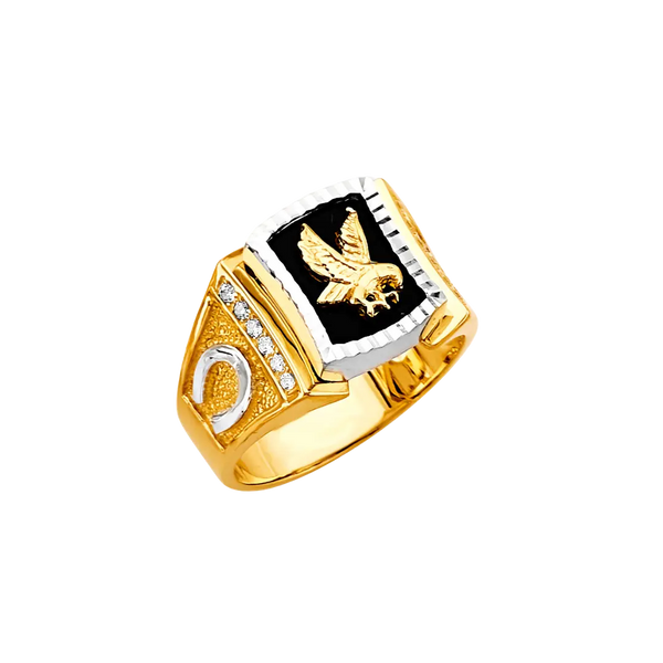 Onyx Eagle with CZ Men's Ring - 14k Two Tone Gold