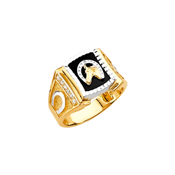 Onyx Horse Shoe with CZ Men's Ring - 14k Two Tone Gold