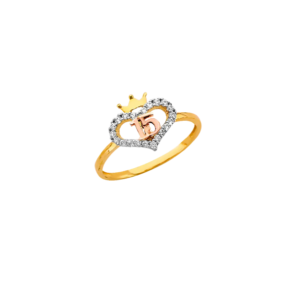 Quince Anos Heart with CZ Ring - 14k Tri Color Gold