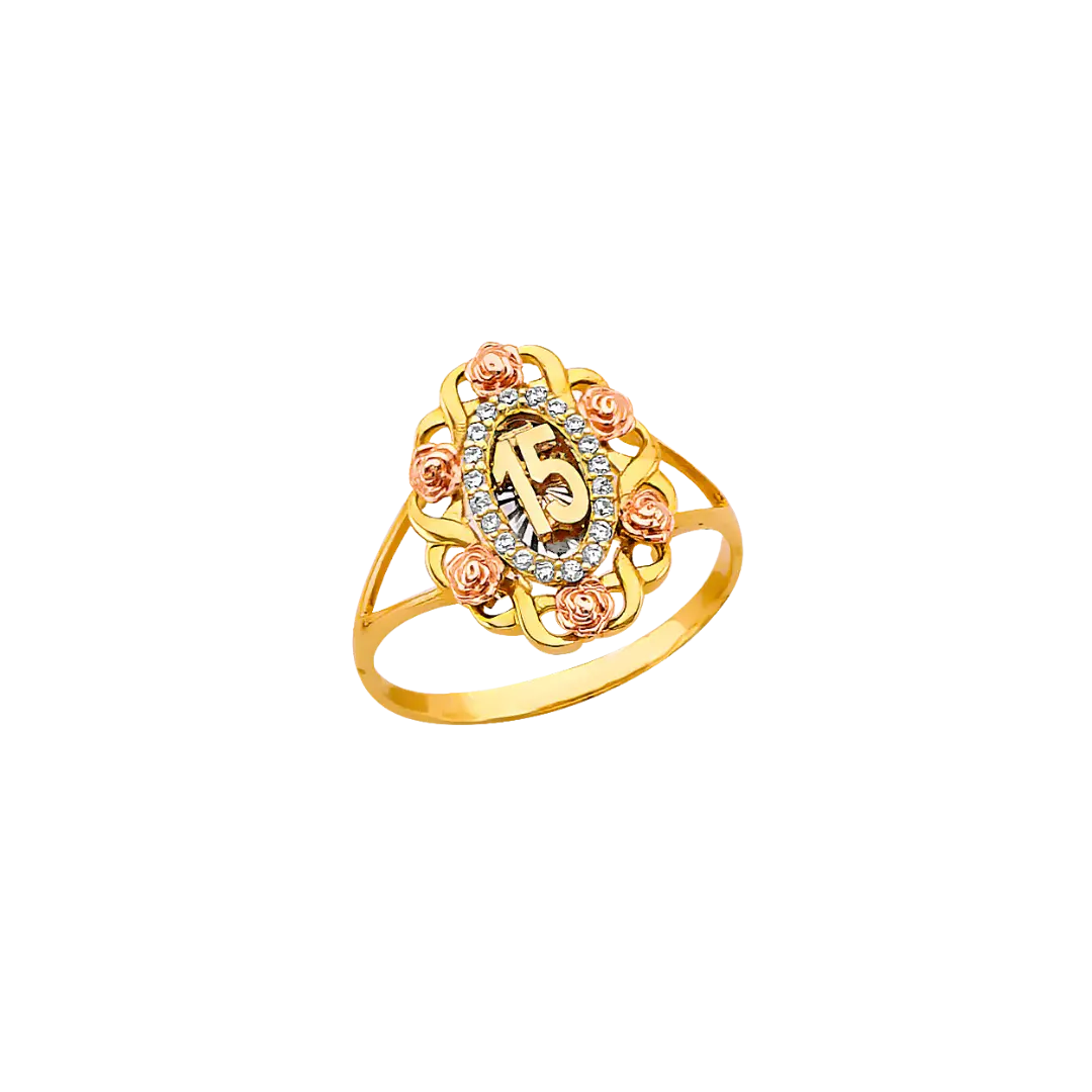 Quince Anos Flower with CZ Ring - 14k Tri Color Gold