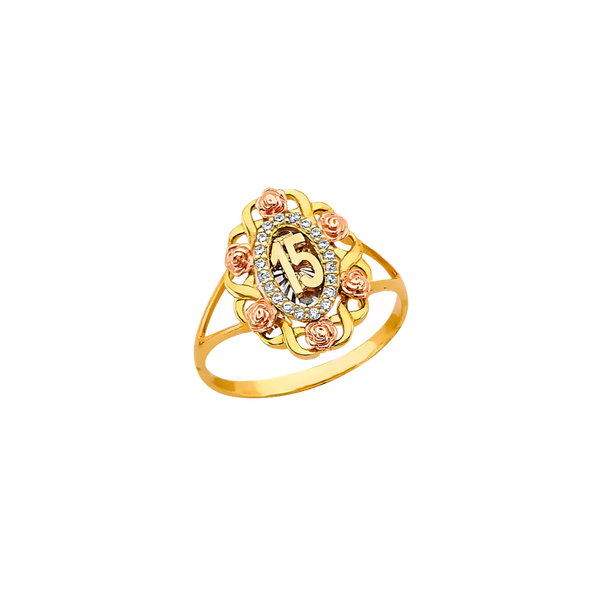 Quince Anos Flower with CZ Ring - 14k Tri Color Gold