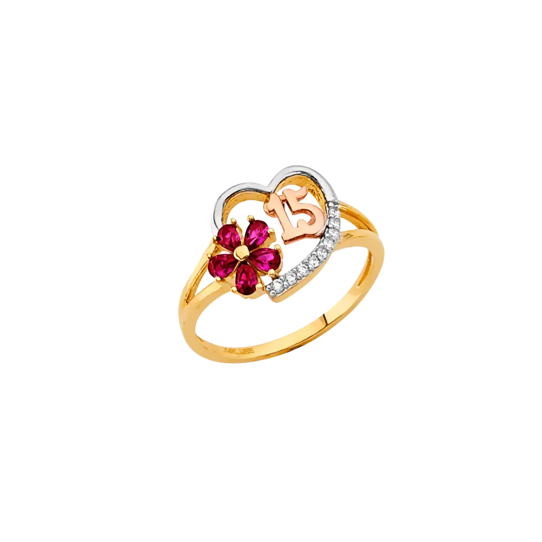 Quince Anos with Red CZ Flower Ring - 14k Yellow Gold