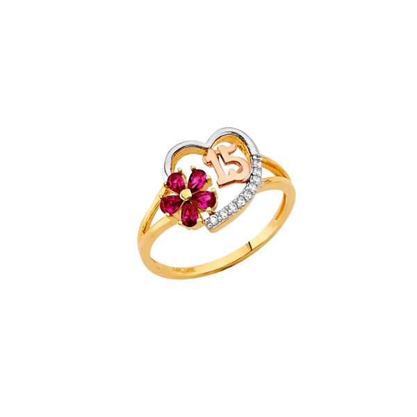 Quince Anos with Red CZ Flower Ring - 14k Yellow Gold