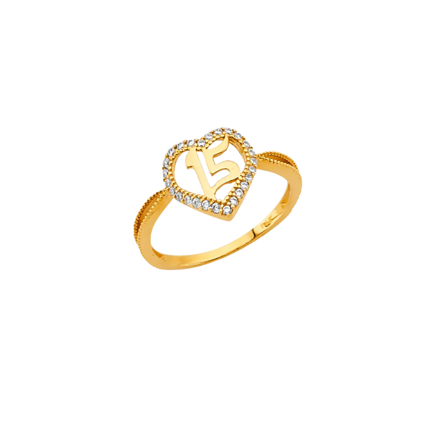 Quince Anos Heart with CZ Ring - 14k Yellow Gold