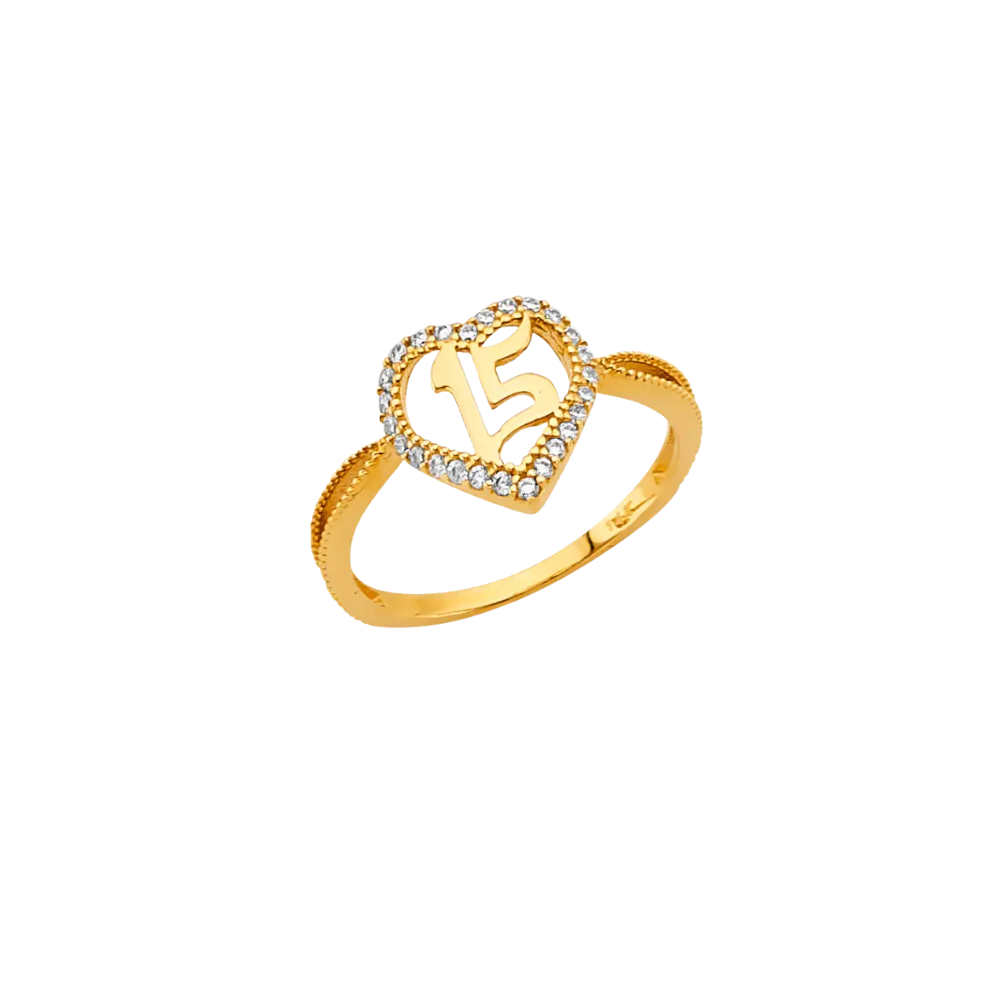 Quince Anos Heart with CZ Ring - 14k Yellow Gold