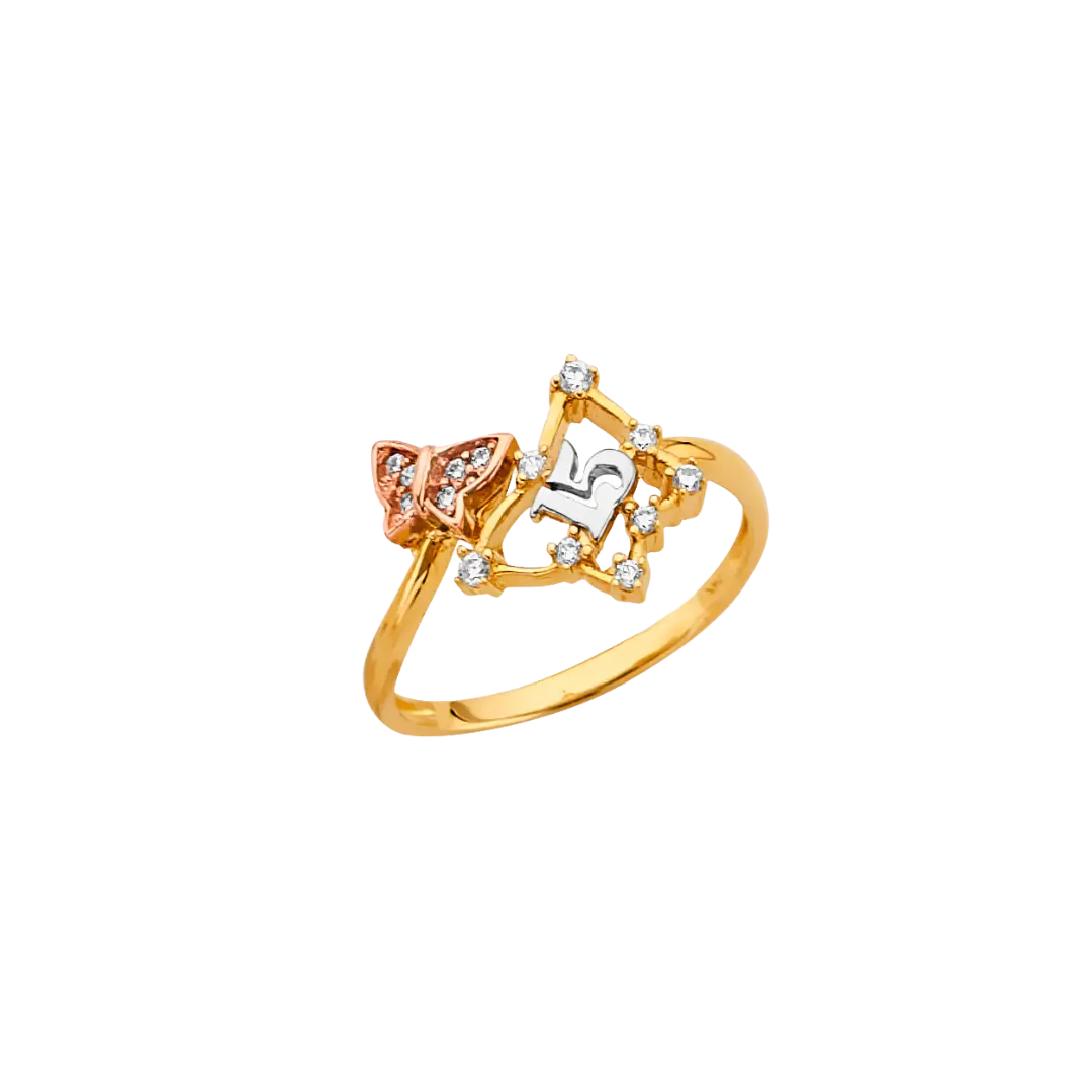 Quince Anos Butterfly with CZ Ring - 14k Tri Color Gold