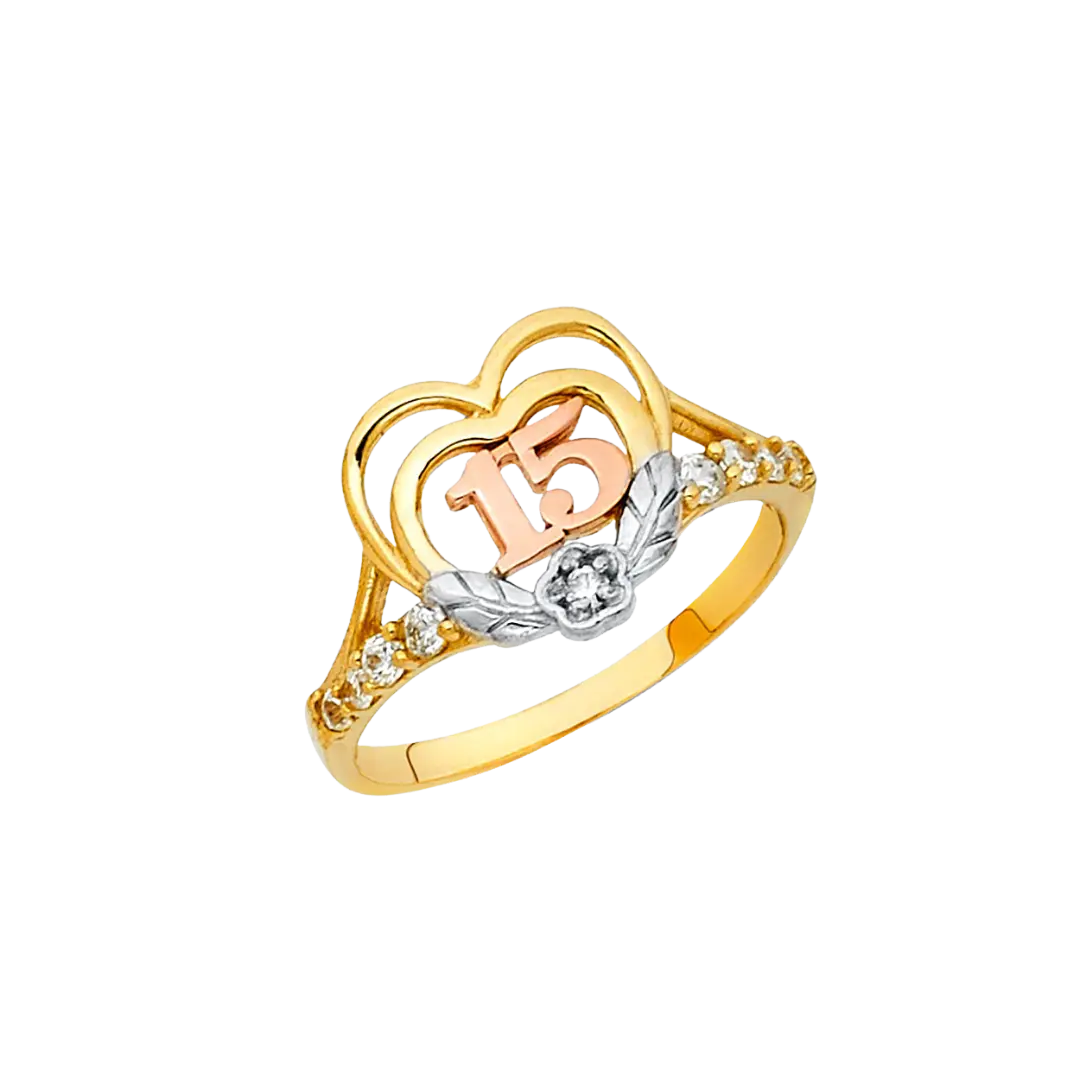 Quince Anos Heart with CZ Ring - 14k Tri Color Gold