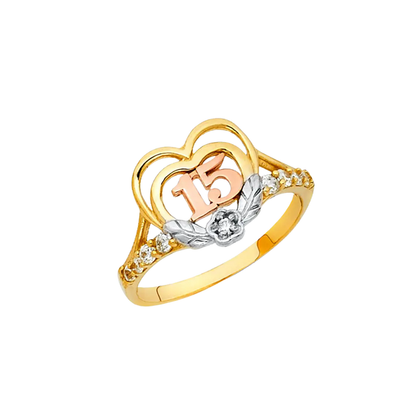 Quince Anos Heart with CZ Ring - 14k Tri Color Gold