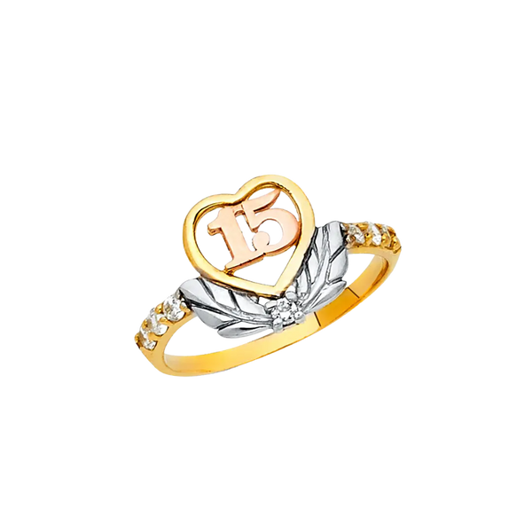 Quince Anos Heart with CZ Ring - 14k Tri Color Gold