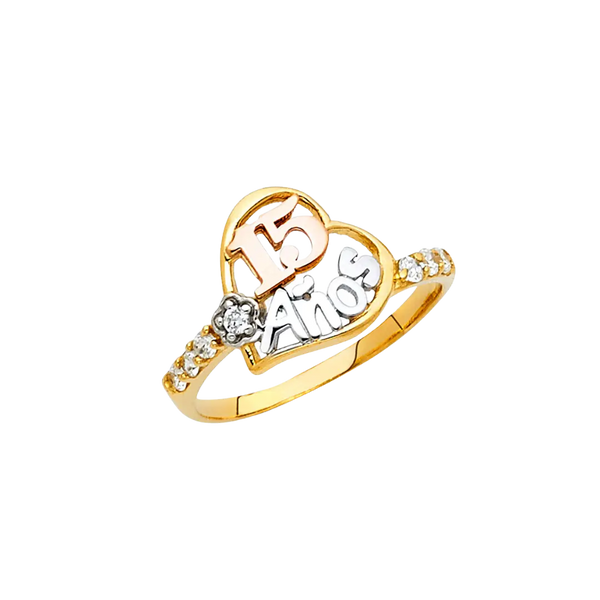 Quince Anos Heart with CZ Ring - 14k Tri Color Gold