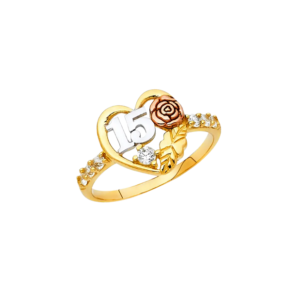 Quince Anos Heart with CZ Ring - 14k Tri Color Gold