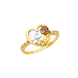 Quince Anos Heart with CZ Ring - 14k Tri Color Gold