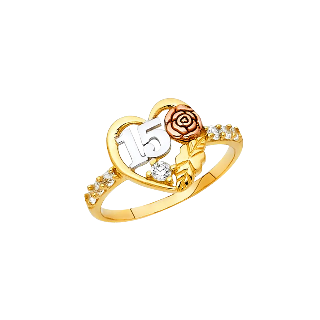 Quince Anos Heart with CZ Ring - 14k Tri Color Gold